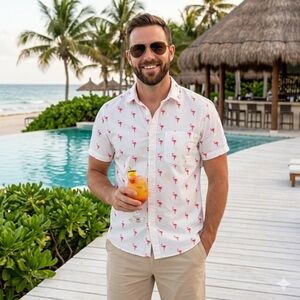 Forever 21 Men Flamingo Print Button Up Shirt  100% Cotton Summer Short Sleeve M